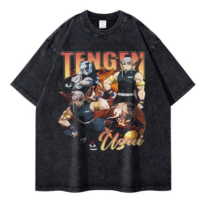 Vintage Washed Tengen Uzui Sound Hashira Oversized T-Shirt - Demon Slayer Anime Streetwear