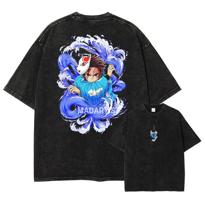 Vintage Washed Tanjiro Kamado Two Sided Oversized T-Shirt - Demon Slayer Anime Streetwear