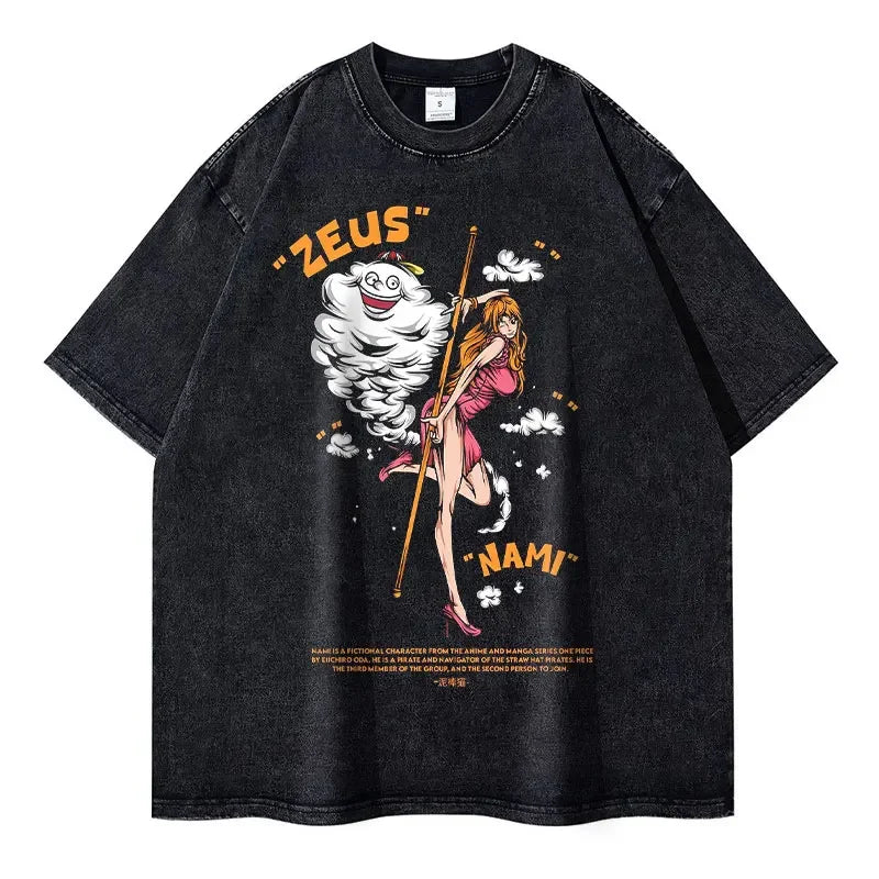 Vintage Washed Nami and Zeus Oversized T-Shirt - One Piece Anime Streetwear