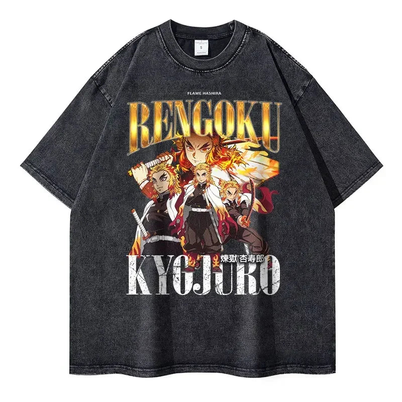 Vintage Washed Rengoku Kyojuro Oversized T-Shirt - Demon Slayer Anime Streetwear