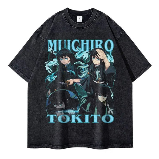 Vintage Washed Muichiro Tokito Oversized T-Shirt - Demon Slayer Anime Streetwear