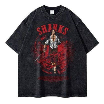 Vintage Washed Red Haired Shanks Oversized T-Shirt - One Piece Anime Streetwear