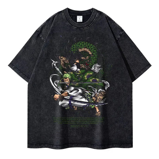 Vintage Washed Zoro Wano Oversized T-Shirt - One Piece Anime Streetwear