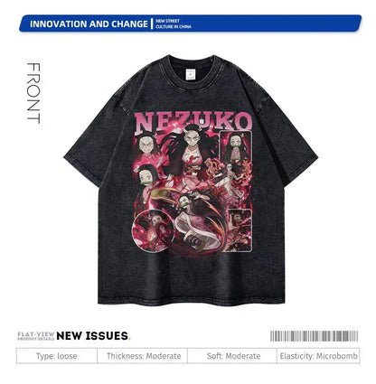 Vintage Washed Nezuko Kamado Fighting Oversized T-Shirt - Demon Slayer Anime Streetwear