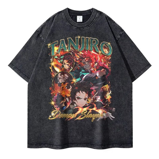 Vintage Washed Tanjiro Kamado Fire Breathing Oversized T-Shirt - Demon Slayer Anime Streetwear