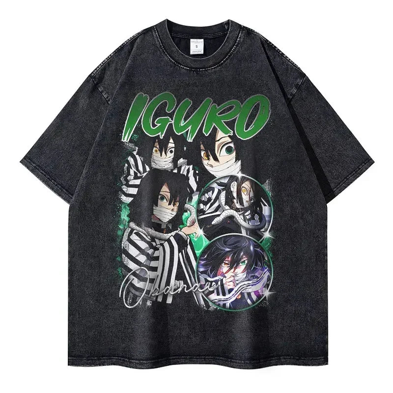 Vintage Washed Obanai Iguro Oversized T-Shirt - Demon Slayer Anime Streetwear