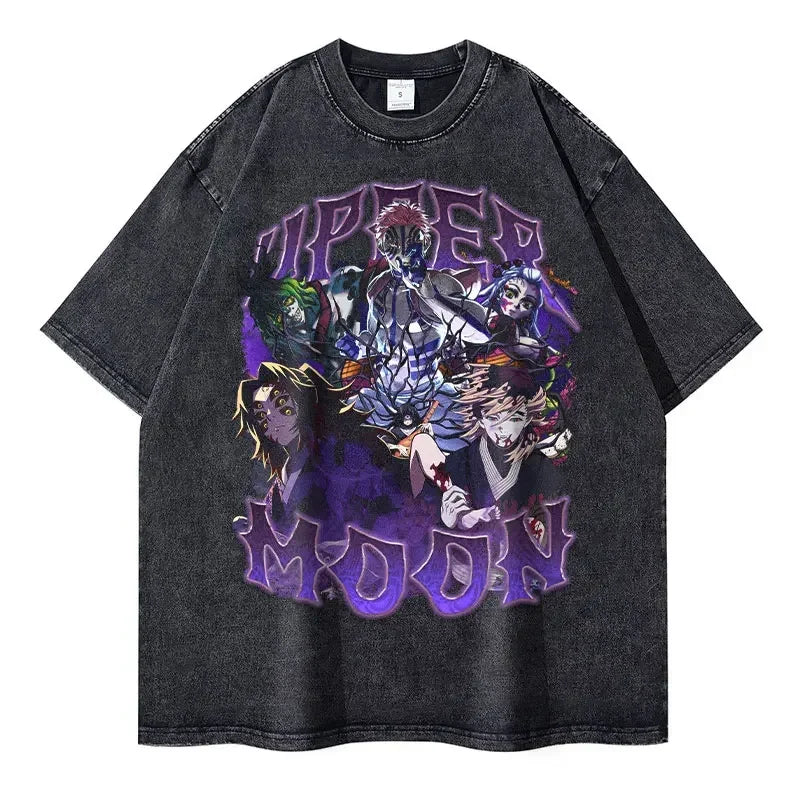 Vintage Washed Upper Moon Oversized T-Shirt - Demon Slayer Anime Streetwear