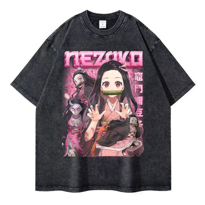 Vintage Washed Nezuko Kamado Oversized T-Shirt - Demon Slayer Anime Streetwear