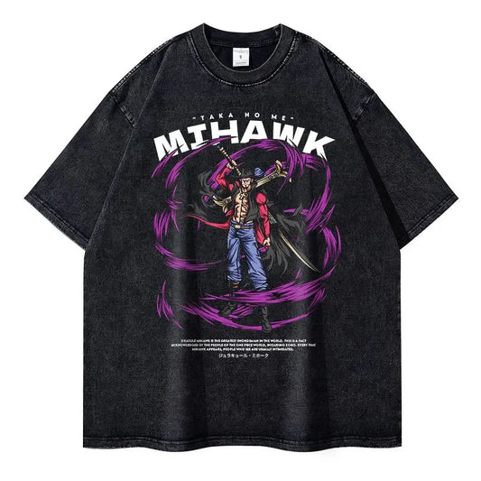 Vintage Washed Dracule Mihawk Oversized T-Shirt - One Piece Anime Streetwear