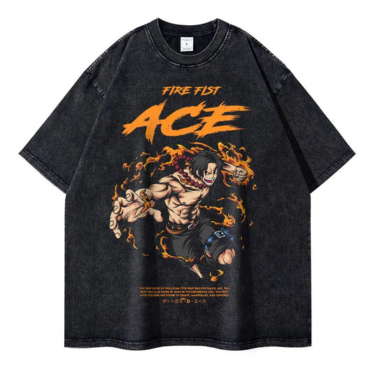 Vintage Washed Fire Fist Portgas D Ace  Oversized T-Shirt - One Piece Anime Streetwear