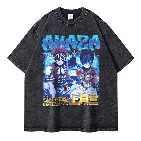 Vintage Washed Akaza Oversized T-Shirt - Demon Slayer Anime Streetwear