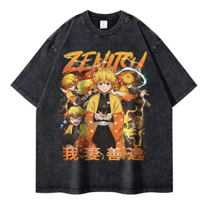 Vintage Washed Zenitsu Agatsuma Oversized T-Shirt - Demon Slayer Anime Streetwear