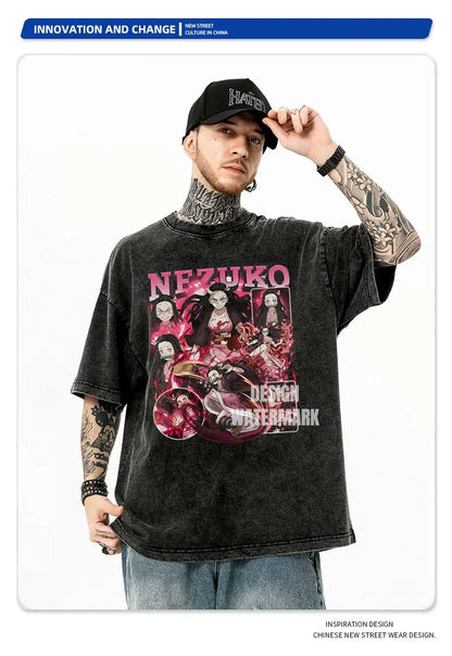 Vintage Washed Nezuko Kamado Fighting Oversized T-Shirt - Demon Slayer Anime Streetwear