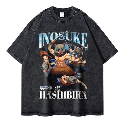 Vintage Washed Inosuke Hashibira Oversized T-Shirt - Demon Slayer Anime Streetwear