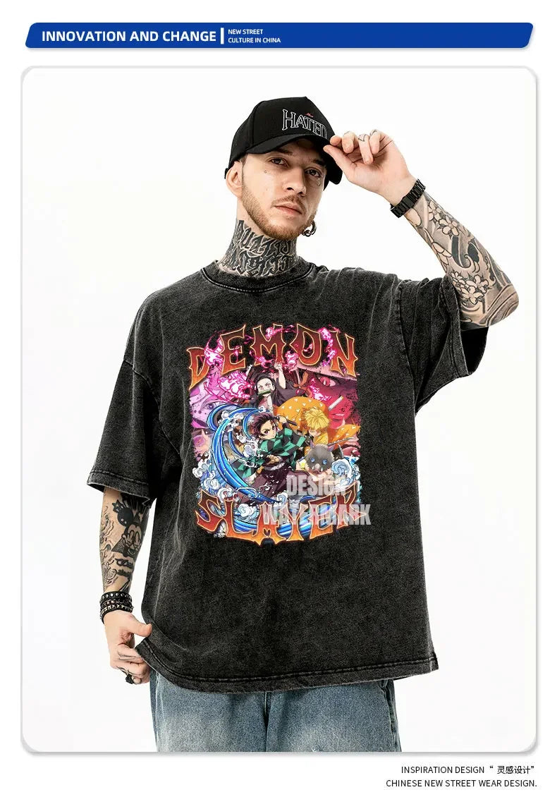 Vintage Washed Upper Moon Oversized T-Shirt - Demon Slayer Anime Streetwear