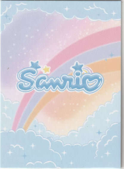 Pastel sky background with fluffy clouds, a rainbow, and the Sanrio logo at the center.