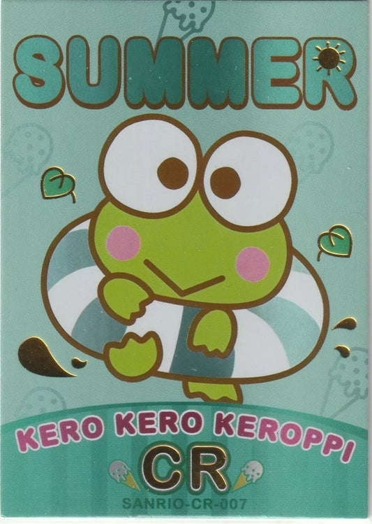 Keroppi from Sanrio in a summer-themed design with an inflatable ring and fun icons like ice cream and a sun, finished with foil accents.