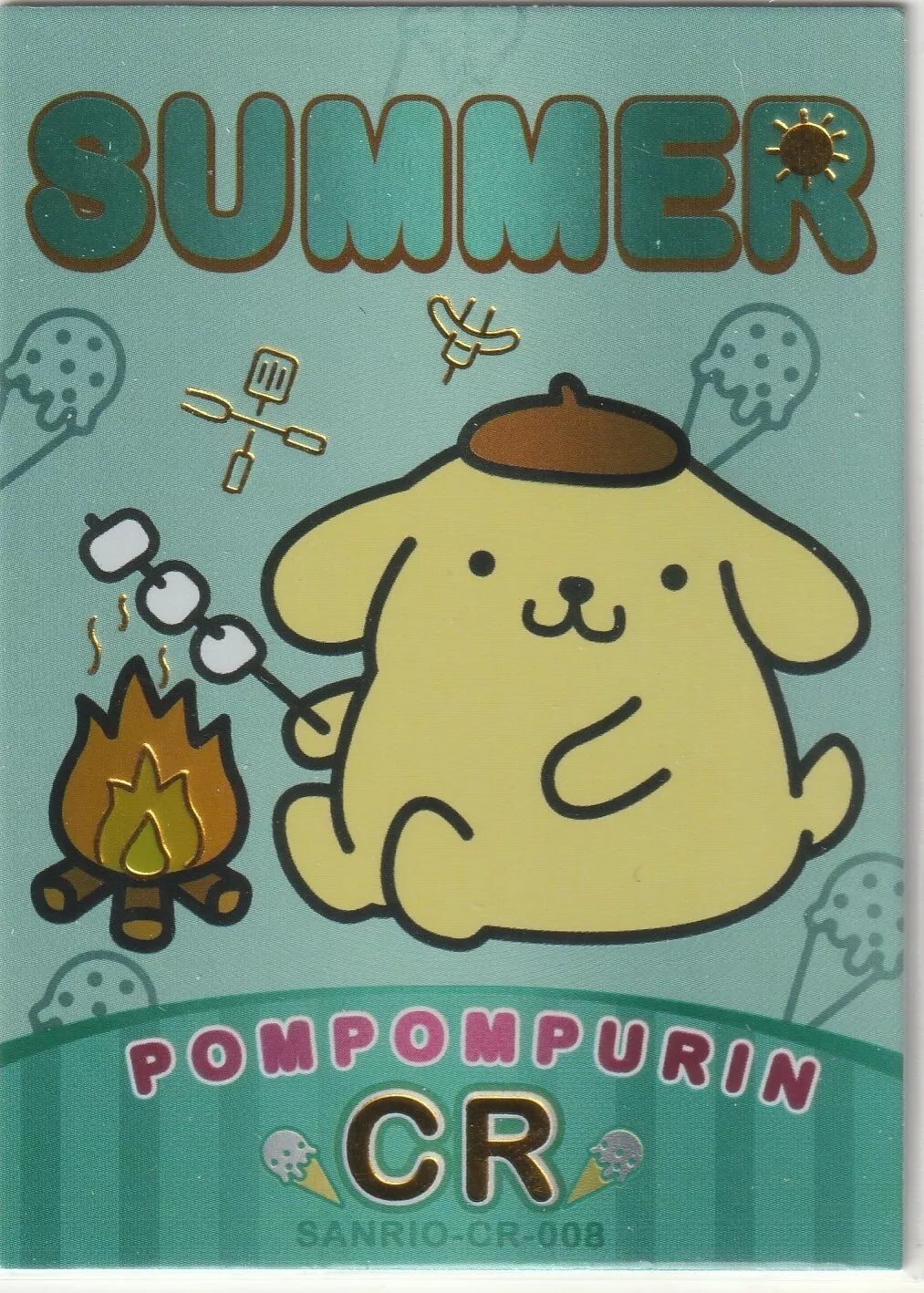 Pompompurin from Sanrio roasting marshmallows over a campfire, surrounded by summer icons like grilling utensils and ice cream, with foil accents.