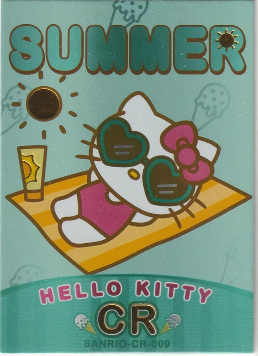 Hello Kitty lounging on a beach towel in a pink swimsuit, wearing heart-shaped sunglasses, surrounded by summer elements with foil accents.