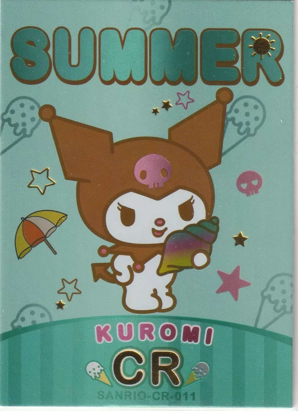 Kuromi from Sanrio holding a rainbow snow cone, surrounded by summer icons like stars and umbrellas, with foil accents.