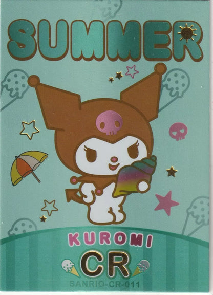 Kuromi from Sanrio holding a rainbow snow cone, surrounded by summer icons like stars and umbrellas, with foil accents.