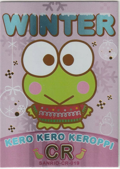 Sanrio-CR-019 Kero Kero Keroppi Winter Set Foil Card Front - Keroppi in a winter sweater with snowflakes and a lilac background