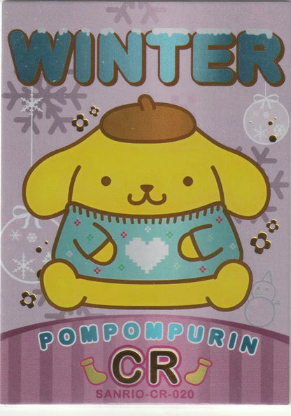 Sanrio-CR-020 Pompompurin Winter Set Foil Card Front - Pompompurin in a winter sweater with snowflakes and a lilac background.