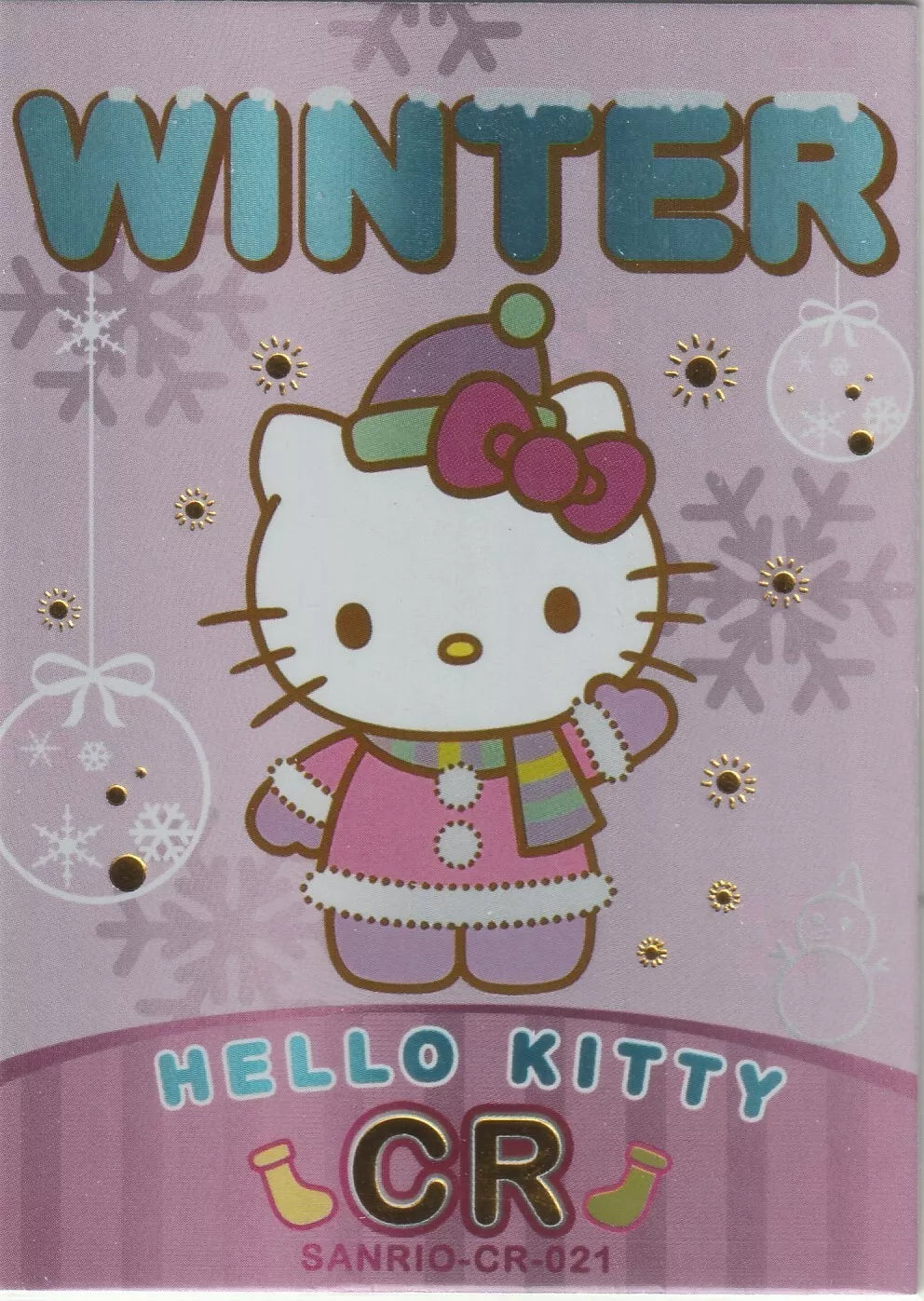 Sanrio-CR-021 Hello Kitty Winter Set Foil Card Front - Hello Kitty in a pink winter coat with snowflakes and a lilac background.