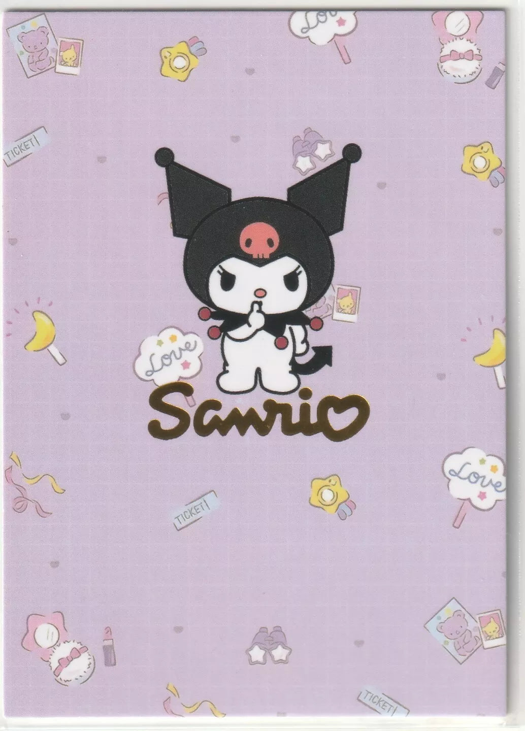 Sanrio-DRI-005 My Melody Dessert Insert Card Back - Kuromi in a mischievous pose with doodles on a lilac background and the Sanrio logo