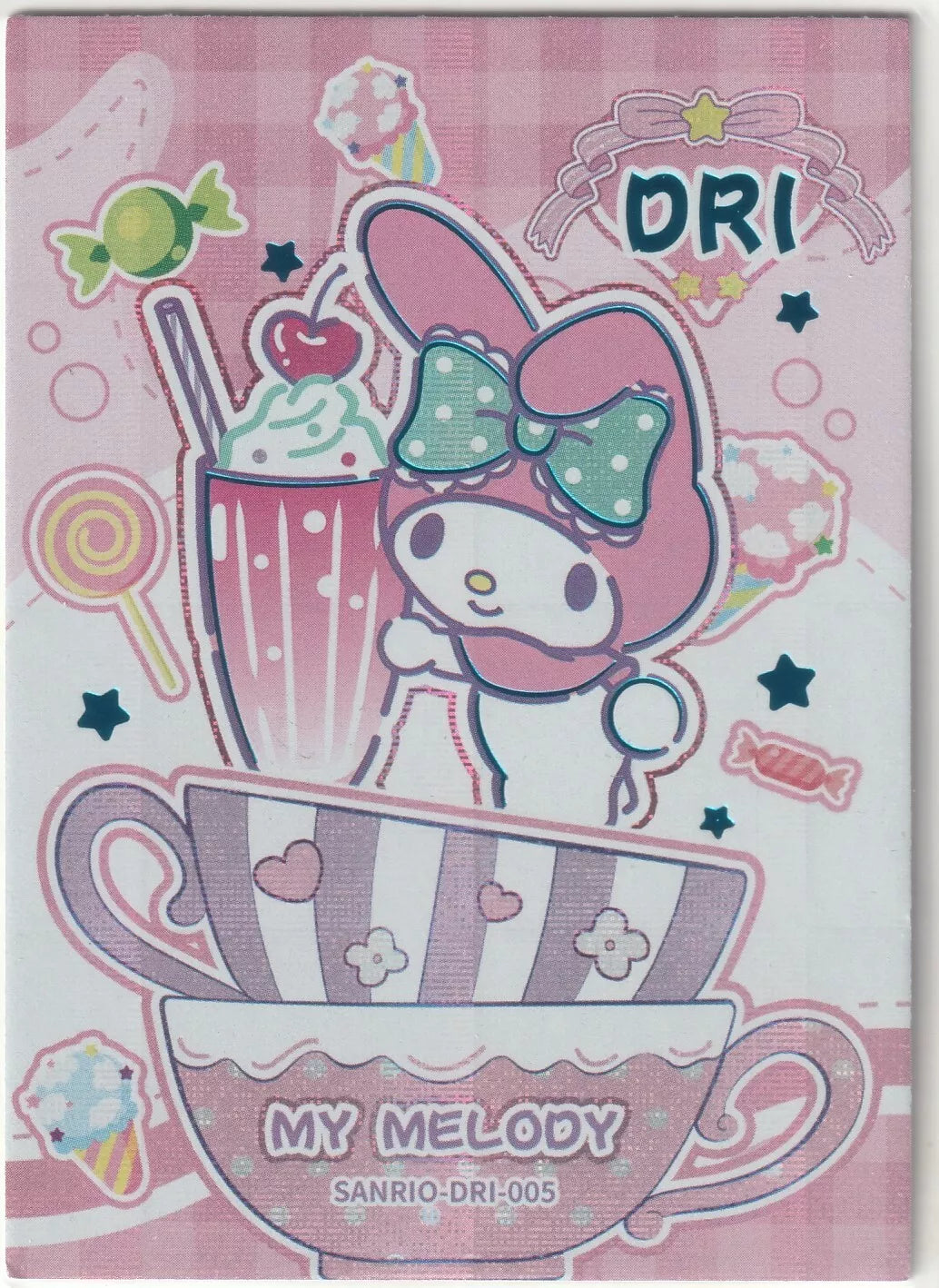 Sanrio-DRI-005 My Melody Dessert Insert Card Front - My Melody in a teacup with a milkshake and candies in a dessert-themed pink background