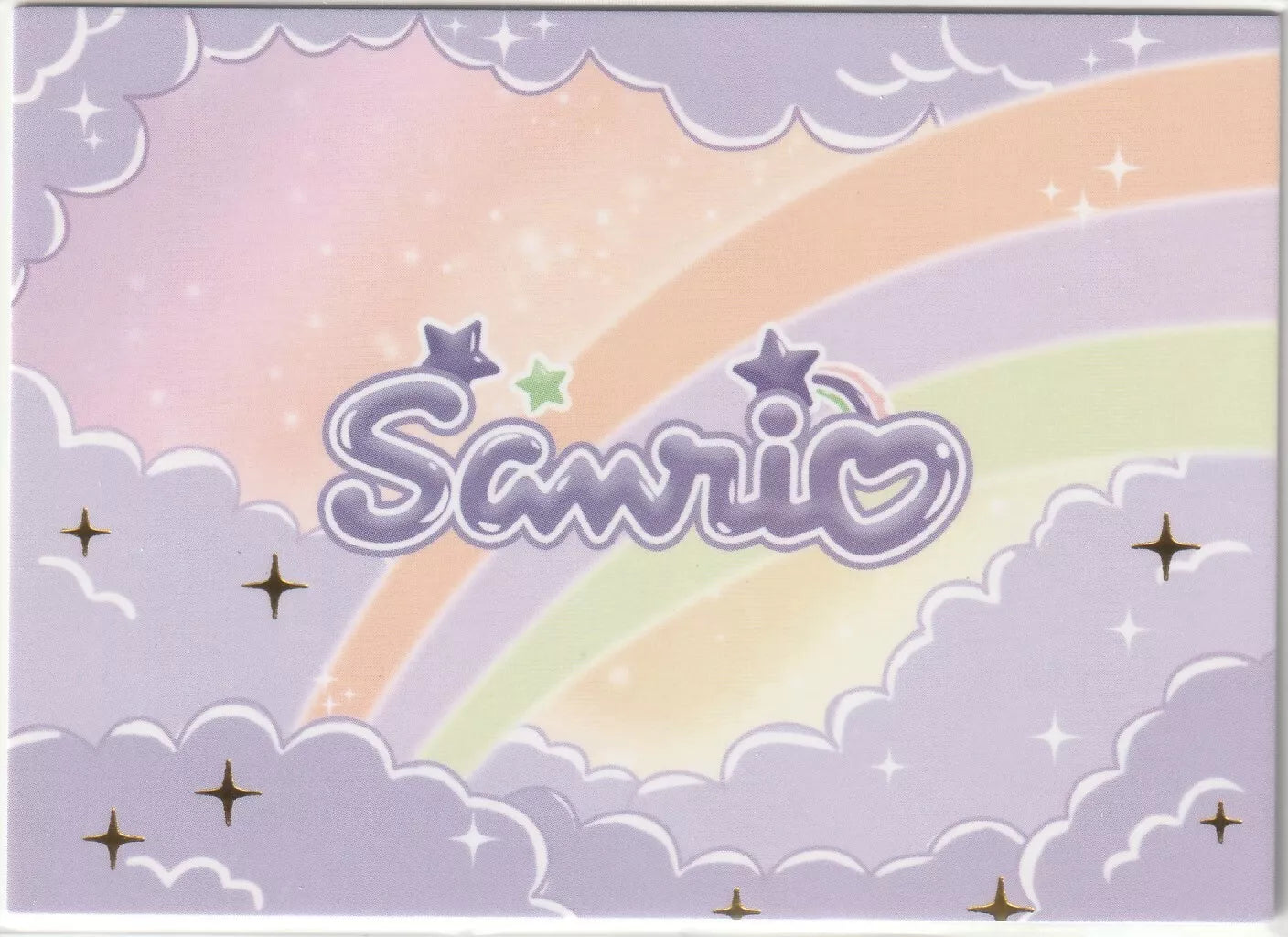 Sanrio-ID-003 Kuromi Crystal and Foil ID Card Back - Pastel rainbow with clouds and the purple Sanrio logo.