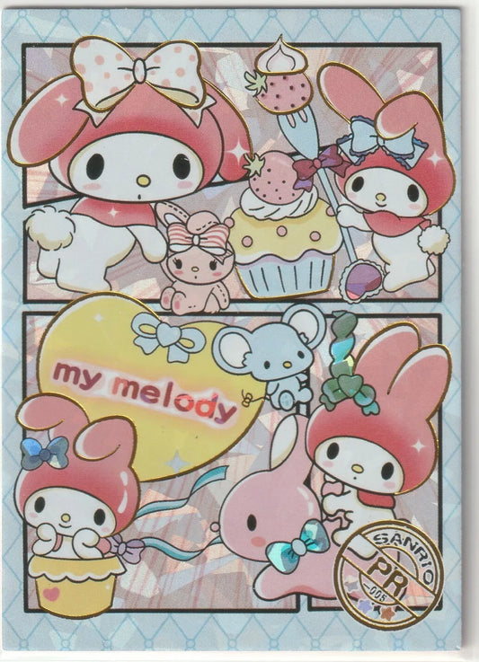 Sanrio-PR-005 My Melody Crystal Card Front - Close-up of My Melody's face with a pink polka dot background and the Sanrio logo.