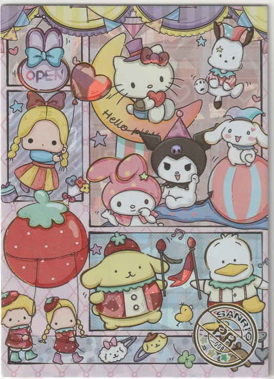 Sanrio-PR-009 My Melody and Friends Crystal Card Front - Close-up of My Melody with a pink polka dot background and the Sanrio logo.