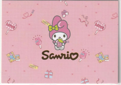 Sanrio-SP-007 Sugarbunnies Mimousa and Sophie Card Back - My Melody holding a heart-shaped lollipop surrounded by tickets and accessories on a pink background with the Sanrio logo.