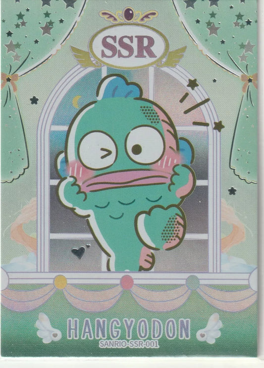  Sanrio collectible card with Hangyodon character in a pastel and starry background, marked as SSR-001 with foil accents.