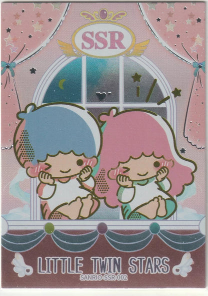 Sanrio collectible card featuring Little Twin Stars with foil accents and pastel colors in an SSR-designated frame.