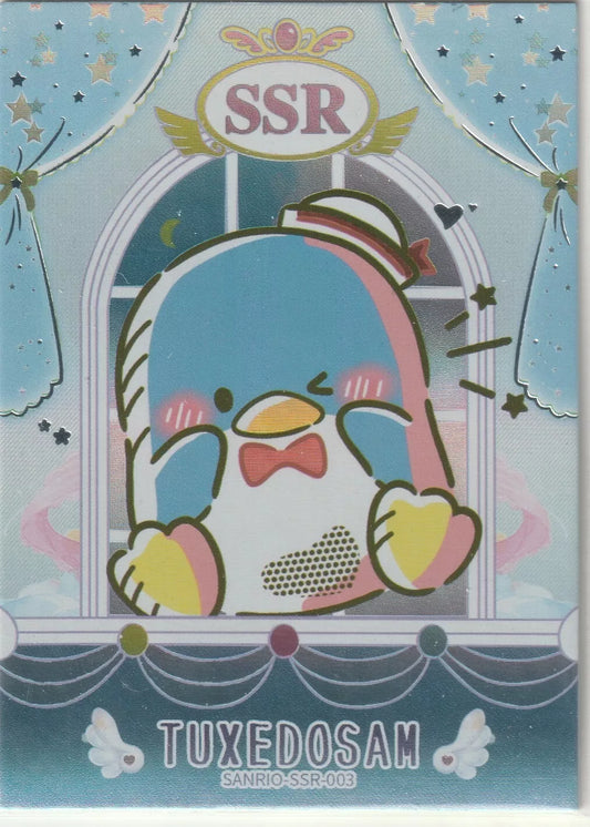  Sanrio collectible card featuring Tuxedo Sam with foil accents, pastel blues, and a framed SSR designation.

