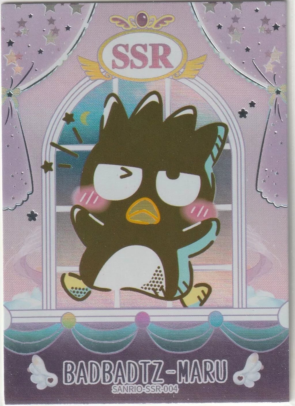 Bad Badtz Maru standing in front of a window with curtains, showing a rebellious expression, labeled as a Super Super Rare (SSR) card.