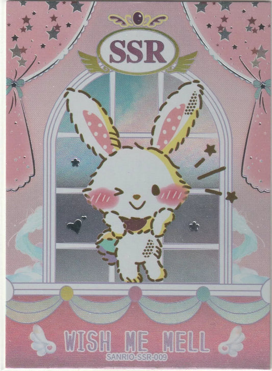  Sanrio collectible card featuring Wish Me Mell with foil accents, pastel colors, and an SSR-designated frame.