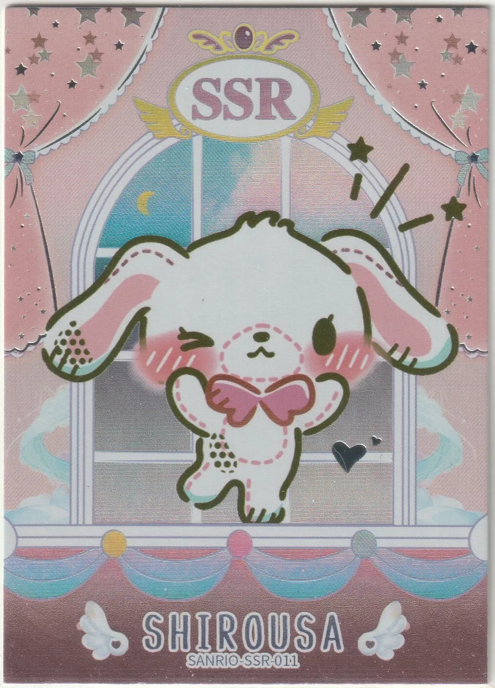 Sanrio collectible card featuring Shirousa from Sugarbunnies with foil accents, pastel colors, and an SSR frame.