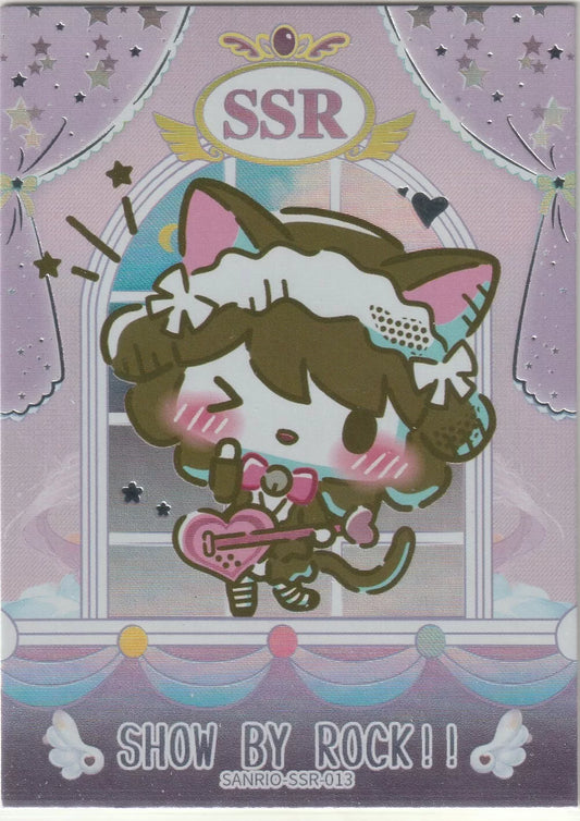 Sanrio collectible card featuring a Show By Rock! character with foil accents, pastel purple tones, and an SSR frame