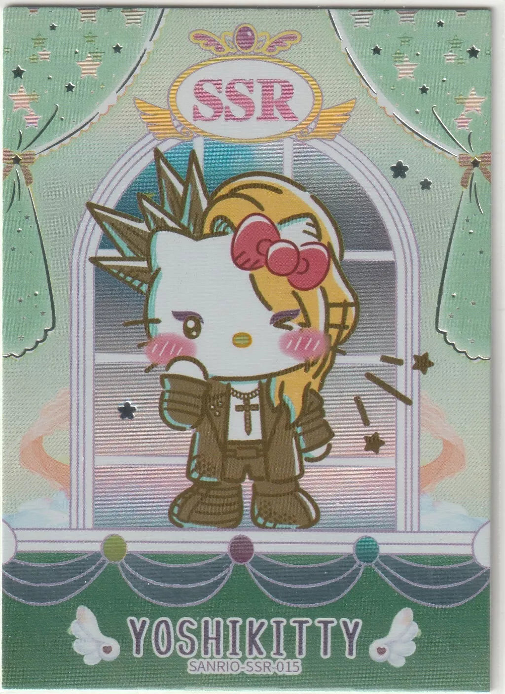 Sanrio collectible card featuring Yoshikitty with foil accents, rock-inspired style, and an SSR frame.