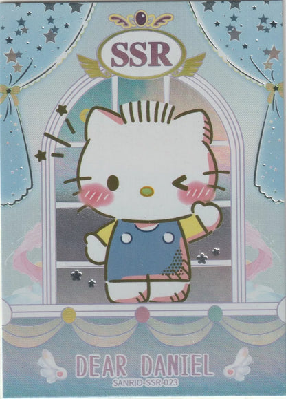 Dear Daniel character on Sanrio SSR-023 foil card winking and smiling in blue overall against pastel background."