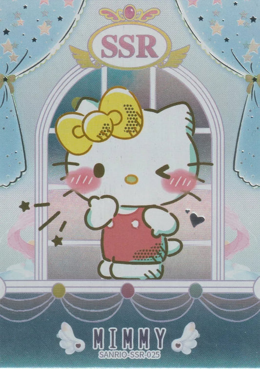 Mimmy Foil Character Card featuring Mimmy in a red outfit with a yellow bow, posing in front of a decorative window, labeled "SSR."