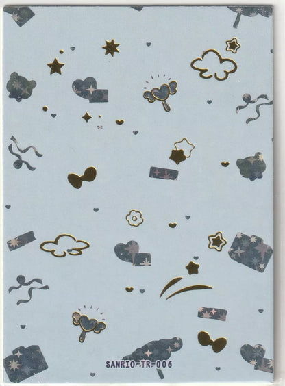 Sanrio collectible card front featuring a yellow background with the Sanrio logo in black, surrounded by Sanrio characters like Hello Kitty and My Melody, and scattered stars.