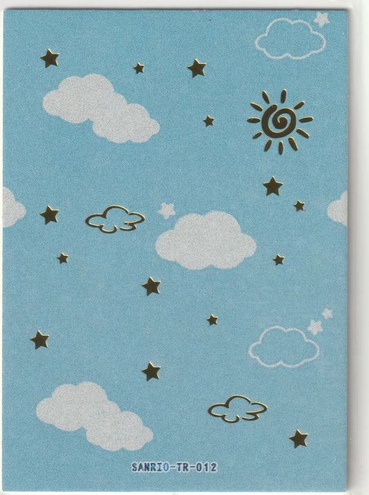 "Sanrio collectible card back featuring a sky-blue background with white clouds, metallic gold stars, and a golden sun, along with the card number Sanrio-TR-012."