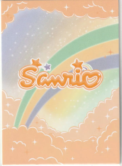 Sanrio collectible card back, featuring the Sanrio logo with a rainbow, clouds, and stars in soft pastel colors.