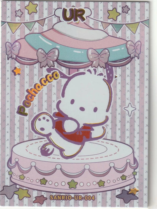 Pochacco Ultra Rare (UR) Sanrio collectible card front, featuring Pochacco on a carousel with pastel colors, bows, and stars in a foil finish.