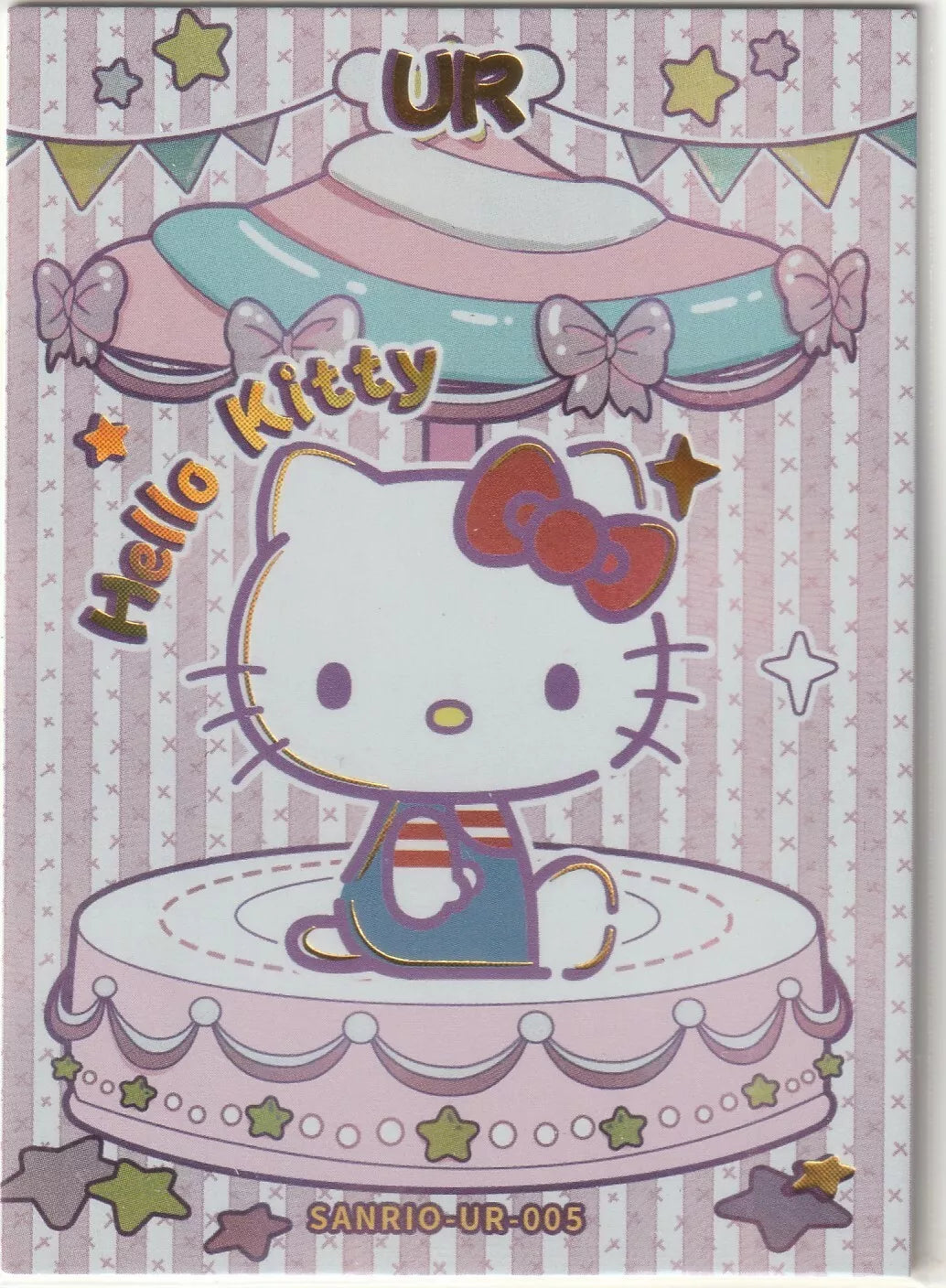 Hello Kitty Ultra Rare (UR) Sanrio collectible card front, showing Hello Kitty on a carousel with bows, stars, and pastel colors in a foil finish.