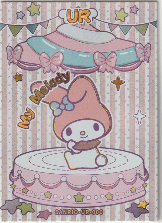 My Melody Ultra Rare (UR) Sanrio collectible card front, showing My Melody on a carousel with pastel stars, bows, and bunting in a foil finish.